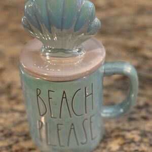 Rae Dunn iridescent blue Beach Please mug with topper